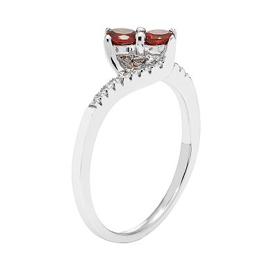 Sterling Silver Garnet Two Stone & Diamond Accent Bypass Ring