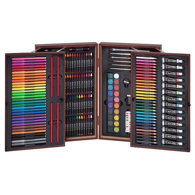 ART 101 DRAWING KIT COLORED PENCILS CRAYONS PAINTS BRUSHES WOOD CASE