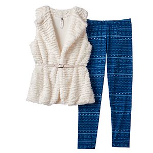 Girls 7-16 Knitworks Textured Stripe Faux-Fur Vest & Fairisle Leggings Set