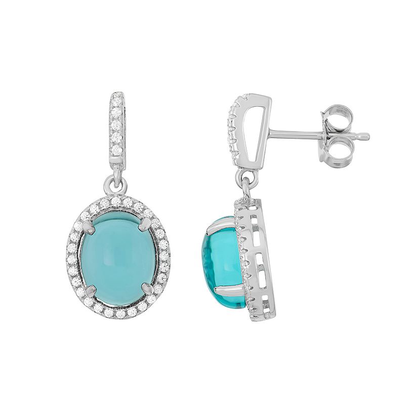 Sterling Silver Blue Glass & Cubic Zirconia Oval Halo Drop Earrings, Women
