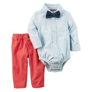 Baby Boy Carter's Gingham Button-Down Bodysuit, Chambray Bow Tie & Solid Pants Set
