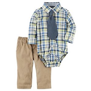 Baby Boy Carter's Plaid Button-Down Bodysuit, Printed Tie & Solid Pants Set