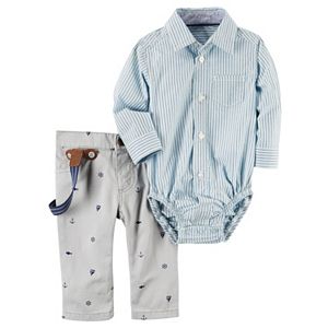 Baby Boy Carter's Striped Button-Down Bodysuit & Sailboat Suspender Pants Set