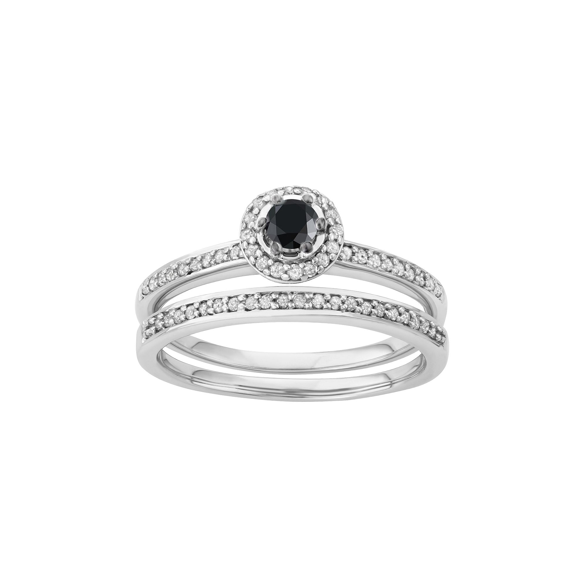 10k White Gold 1/2 Carat T.W. Black & White Diamond Halo Engagement Ring Se