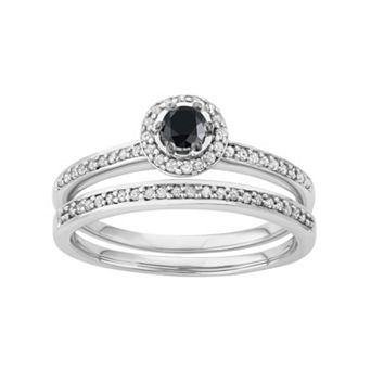 10k White Gold 1/2 Carat T.W. Black & White Diamond Halo Engagement Ring Set