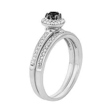 10k White Gold 1/2 Carat T.W. Black & White Diamond Halo Engagement Ring Set