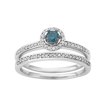 HDI 10k White Gold 1/2 Carat T.W. Blue & White Diamond Halo Engagement Ring Set