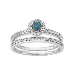 10k White Gold 1/2 Carat T.W. Blue & White Diamond Halo Engagement Ring Set