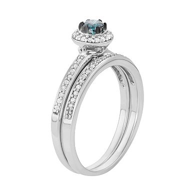 HDI 10k White Gold 1/2 Carat T.W. Blue & White Diamond Halo Engagement Ring Set
