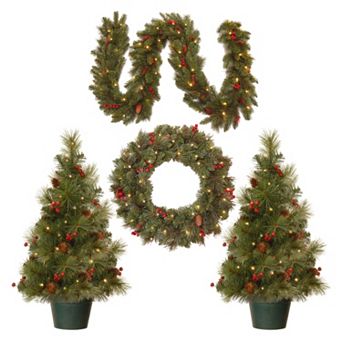 National Tree Company Artificial Porch Tree, Wreath & Garland Christmas Decor Set