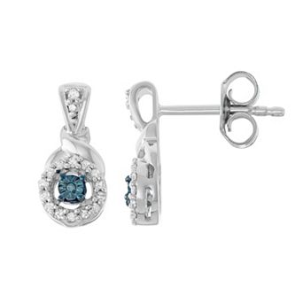 HDI Sterling Silver 1/8 Carat T.W. Blue Diamond Halo Drop Earrings