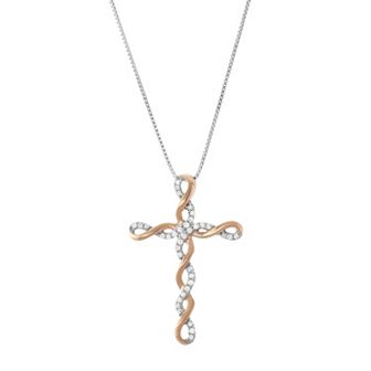 HDI Two Tone Sterling Silver 1/5 Carat T.W. Diamond Cross Pendant Necklace