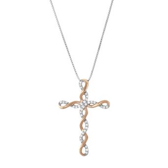 HDI Two Tone Sterling Silver 1/5 Carat T.W. Diamond Cross Pendant Necklace