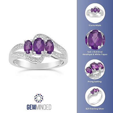 Gemminded Sterling Silver Amethyst & White Topaz 3-Stone Bypass Ring