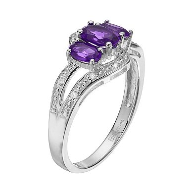 Gemminded Sterling Silver Amethyst & White Topaz 3-Stone Bypass Ring