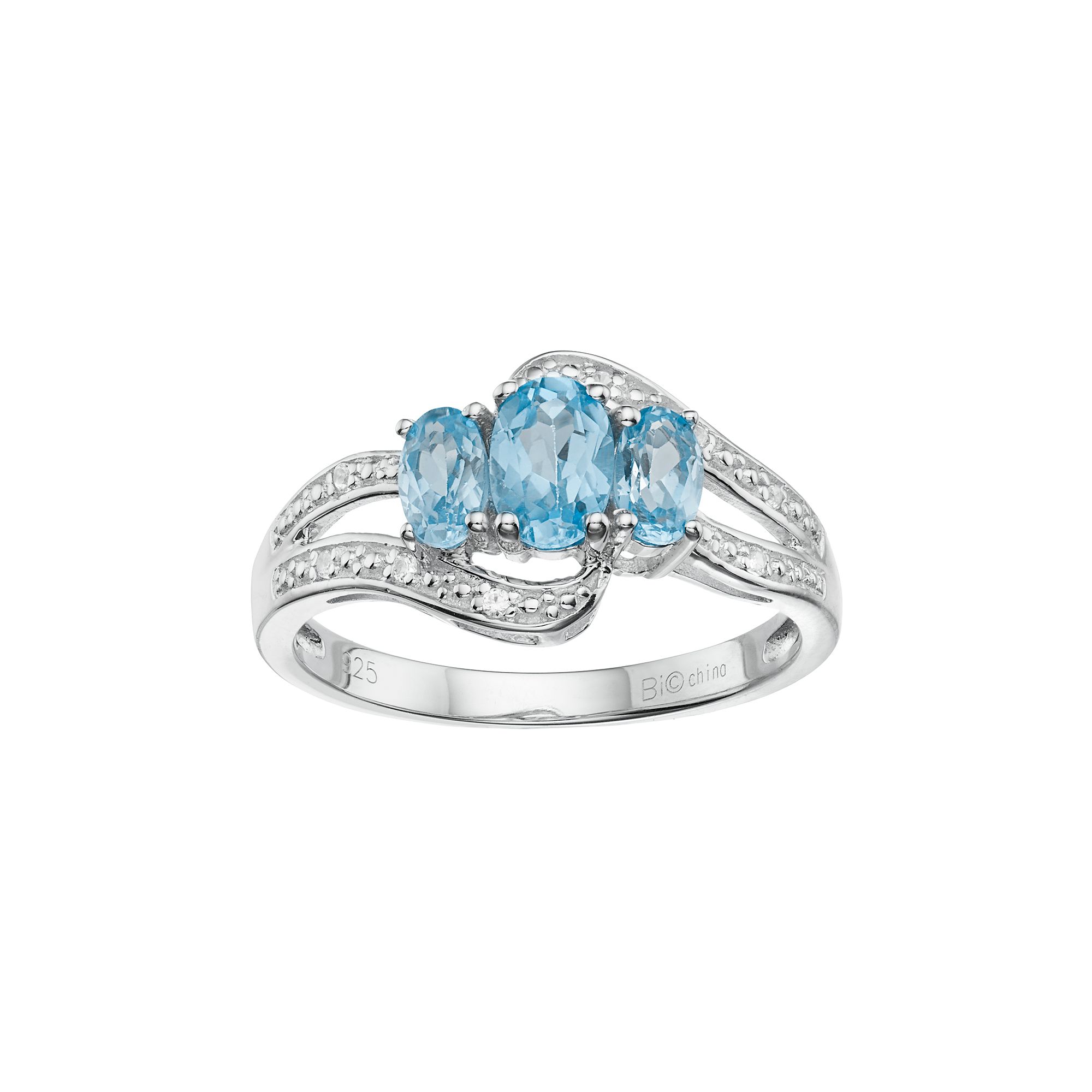 Gemminded Sterling Silver Blue & White Topaz 3-Stone Bypass Ring, Womens, 