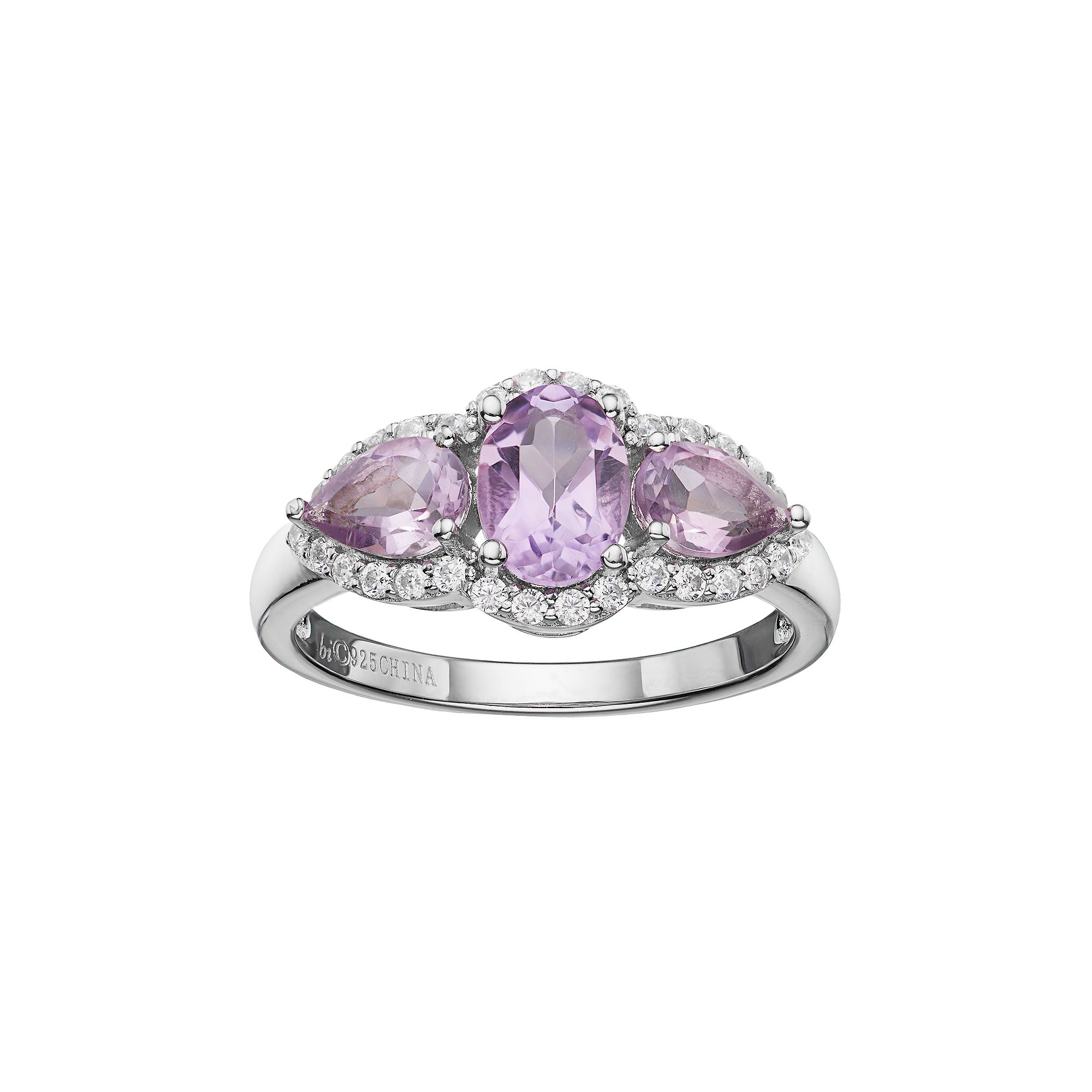 Gemminded Sterling Silver Amethyst & White Topaz 3-Stone Halo Ring, Womens