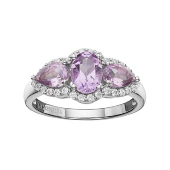 Gemminded Sterling Silver Amethyst & White Topaz 3-Stone Halo Ring