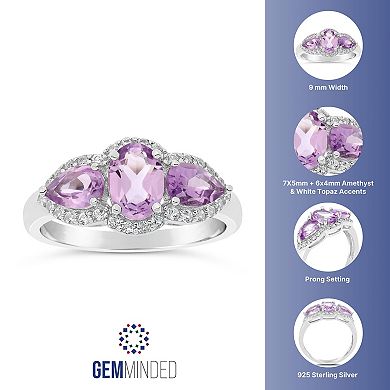 Gemminded Sterling Silver Amethyst & White Topaz 3-Stone Halo Ring