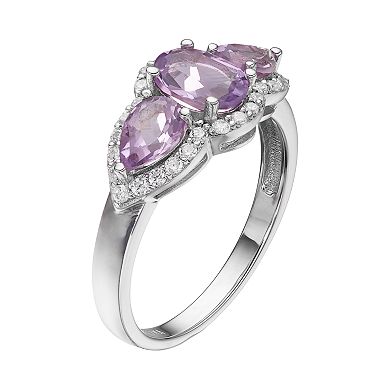 Gemminded Sterling Silver Amethyst & White Topaz 3-Stone Halo Ring