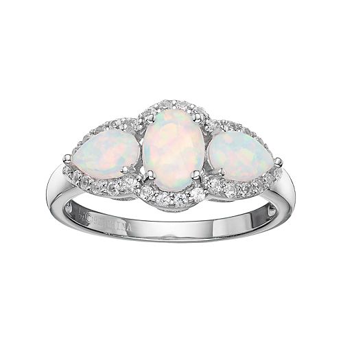 Sterling Silver Lab-Created White Opal & White Topaz 3-Stone Halo Ring