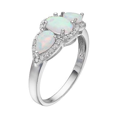 Gemminded Sterling Silver Lab-Created White Opal & White Topaz 3-Stone Halo Ring