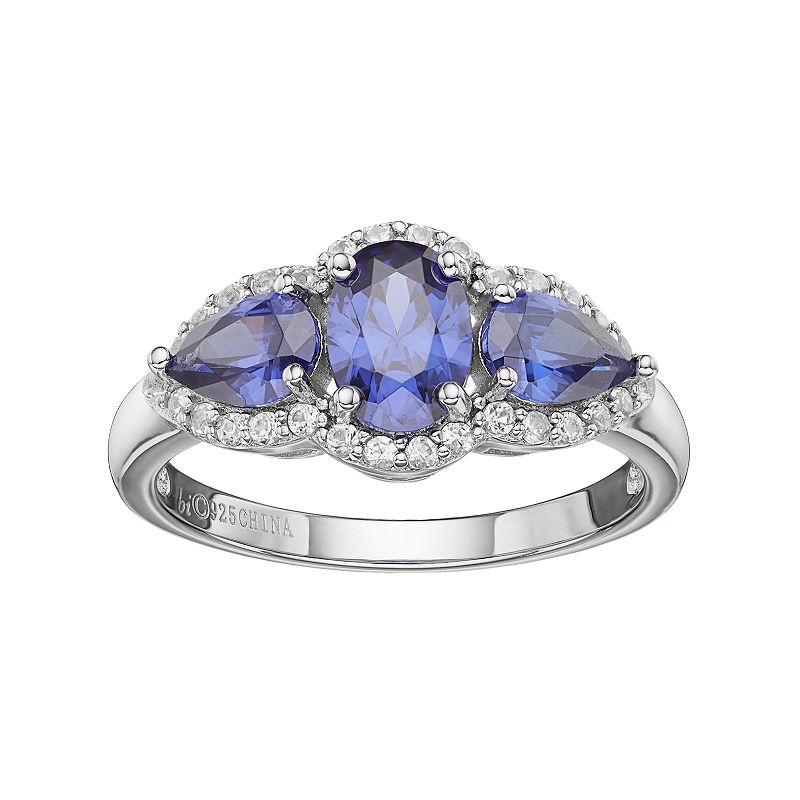 Gemminded Sterling Silver Lab-Created Sapphire & White Topaz 3-Stone Halo R