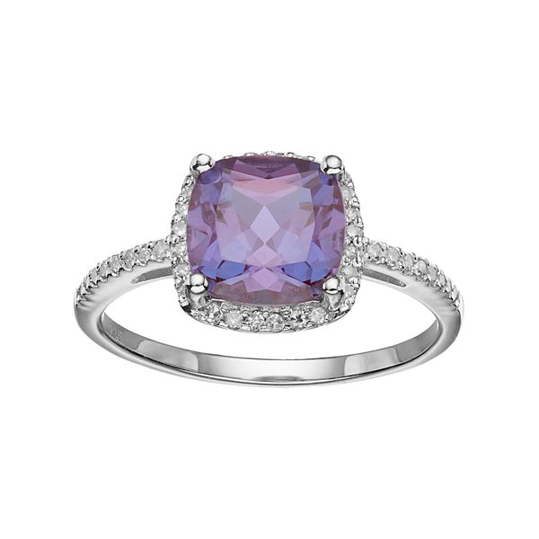 Alexandrite Halo Rings For Women Sterling Silver Plated With Rhodium Customizable Jewelry Size 3-12
