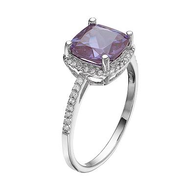 Gemminded Sterling Silver Lab-Created Alexandrite & 1/6 Carat T.W. Diamond Halo Ring