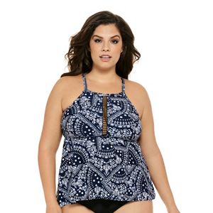 Juniors' Plus Size Costa Del Sol Scroll High-Neck Tankini Top