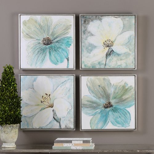 Florals In Cream and Teal Framed Wall Art 4-piece Set
