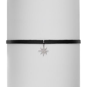Fleur Cubic Zirconia Starburst Faux Leather Choker Necklace