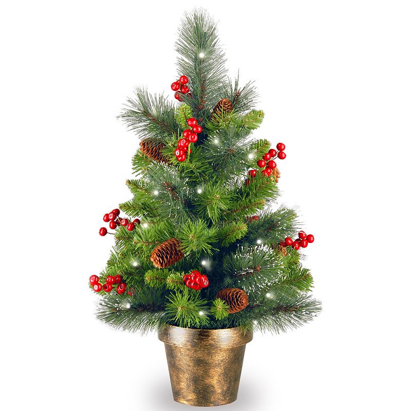 National Tree Company 2' Crestwood Spruce Small Tree with Silver Bristle, Cones, Red Berries and Glitter in a Plastic Bronze Pot with 35 Battery Operated Clear Led Lights