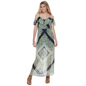 Juniors' Lily Rose Paisley Cold-Shoulder Maxi Dress