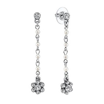 1928® Silver-Tone Simulated Pearl & Crystal Linear Flower Earrings
