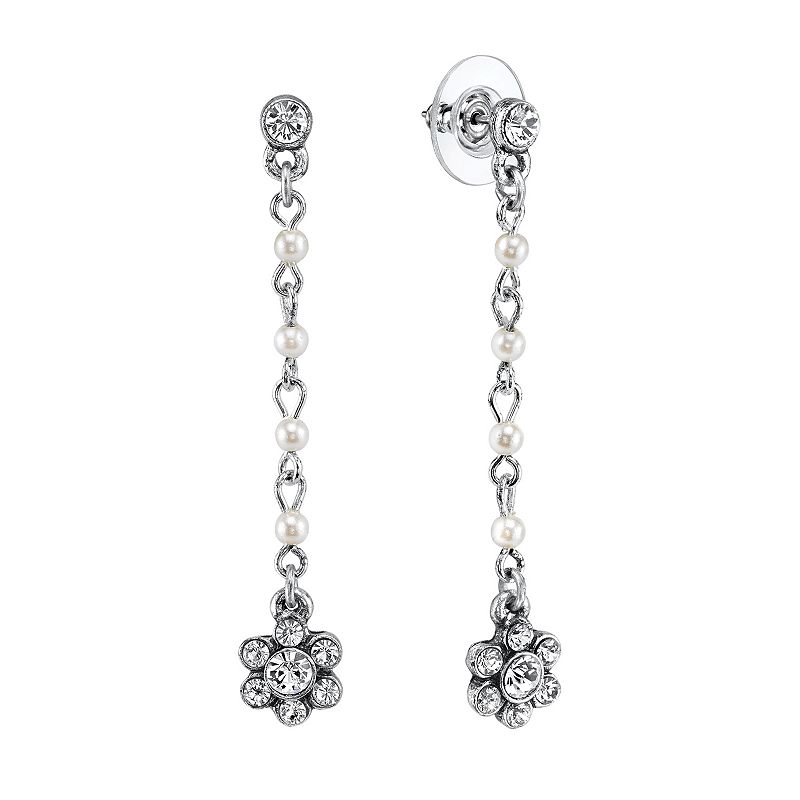 1928 Silver-Tone Simulated Pearl and Crystal Linear Flower Earrings, Women