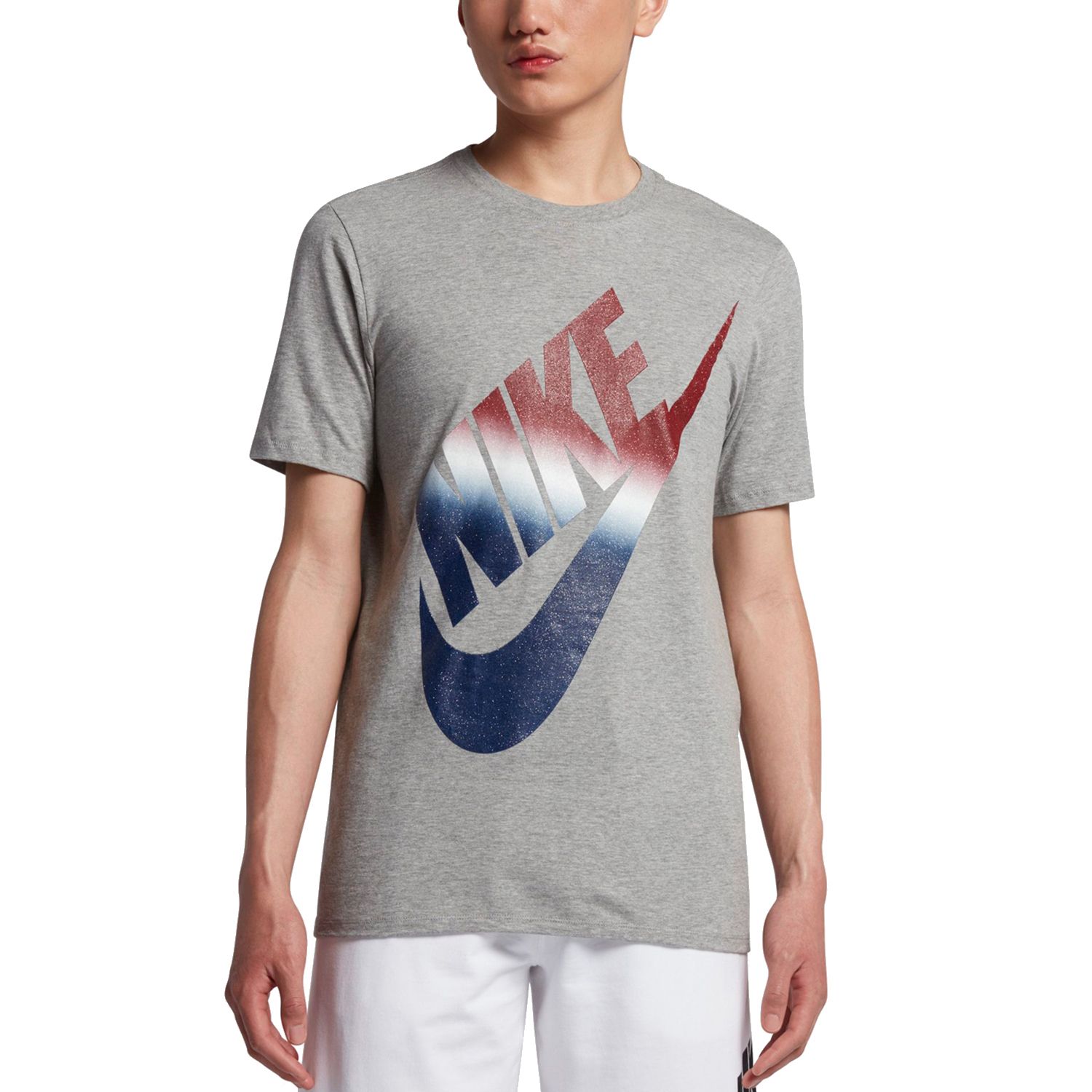 white blue and red nike shirt