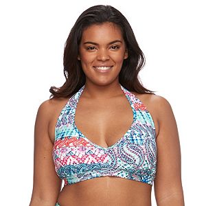 Plus Size Pink Envelope Bust Enhancer Paisley Halter Bikini Top