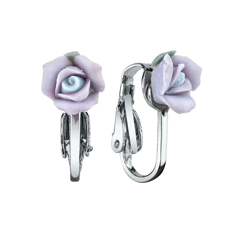 1928 Porcelain Rose Clip On Earrings, Womens, Purple