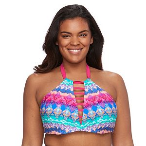 Plus Size Pink Envelope Bust Enhancer Medallion Halter Bikini Top