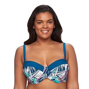 Plus Size Pink Envelope Bust Enhancer Palm Leaf Bikini Top