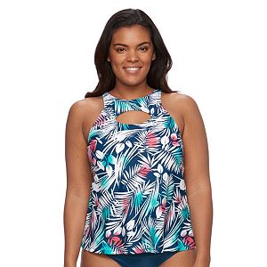 Plus Size Pink Envelope Bust Enhancer Palm Leaf Tankini Top