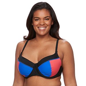 Plus Size Pink Envelope Bust Enhancer Colorblock Bikini Top