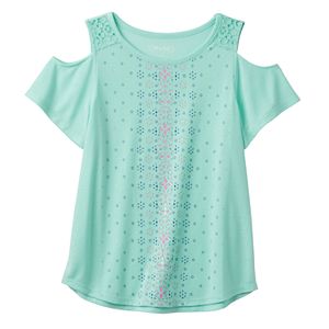 Girls 7-16 Mudd® Crochet Lace Cold Shoulder Graphic Top