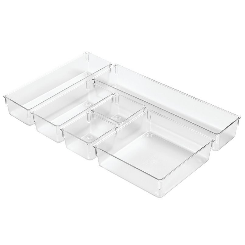 Six clear plastic organizers with items in them