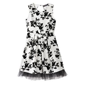 Girls 7-16 Three Pink Hearts Flocked Flower Scuba Dress