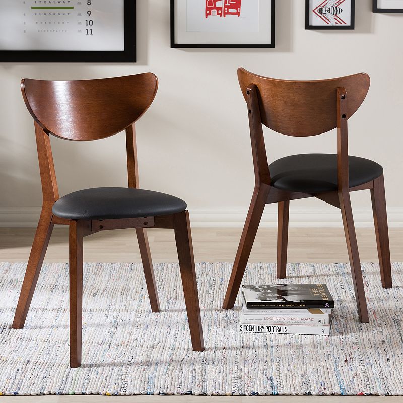 Baxton Studio Set of 2 Sumner Mid-Century Faux Leather Dining Chairs - Black, "Walnut" Brown: Rubberwood Frame, 250lb Capacity