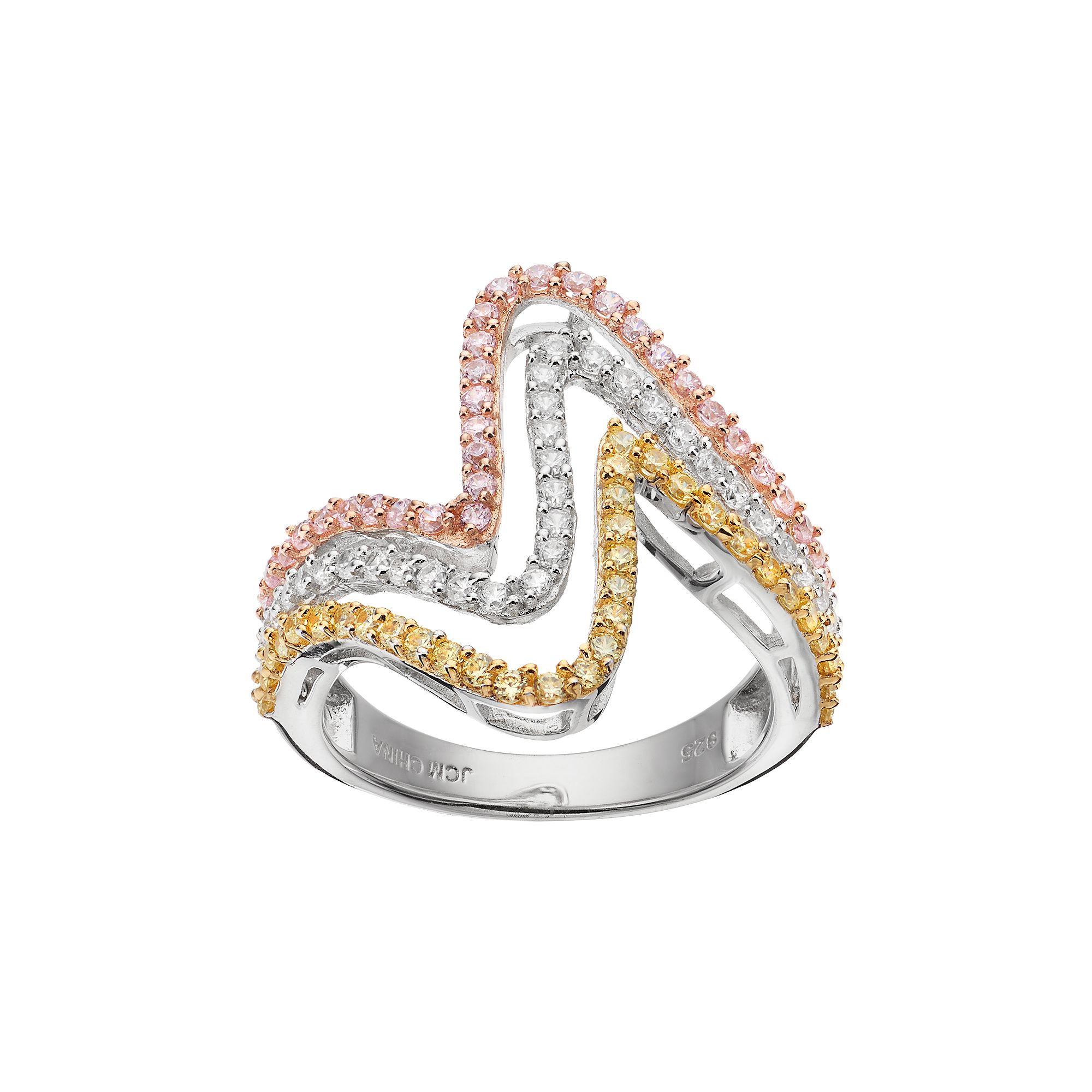 Tri Tone 18k Gold Over Silver Cubic Zirconia Wave Ring, Womens, Size: 7, M