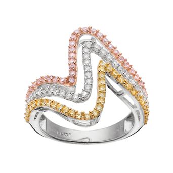 Tri Tone 18k Gold Over Silver Cubic Zirconia Wave Ring