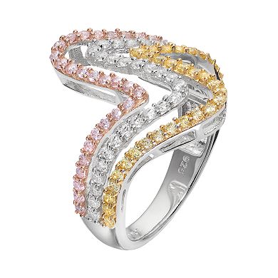 Tri Tone 18k Gold Over Silver Cubic Zirconia Wave Ring